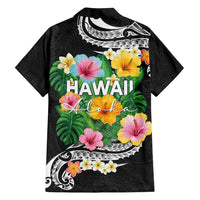 Hawaii Aloha Tropical Leaves and Flower Family Matching Off Shoulder Short Dress and Hawaiian Shirt with Polynesian Art Tattoo Black Color LT03 - Polynesian Pride