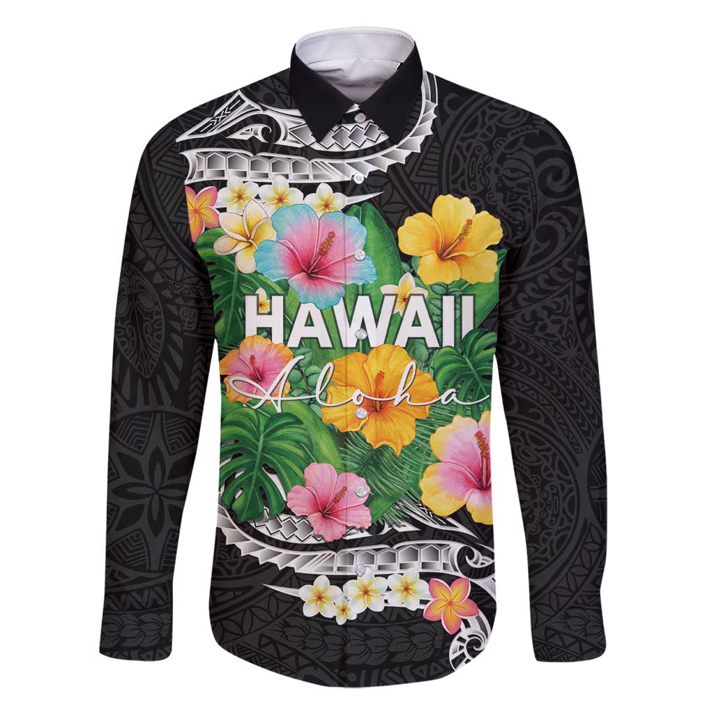 Hawaii Aloha Tropical Leaves and Flower Family Matching Off Shoulder Short Dress and Hawaiian Shirt with Polynesian Art Tattoo Black Color LT03 Dad's Shirt - Long Sleeve Black - Polynesian Pride