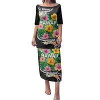 Hawaii Aloha Tropical Leaves and Flower Family Matching Puletasi and Hawaiian Shirt with Polynesian Art Tattoo Black Color LT03 Mom's Dress Black - Polynesian Pride