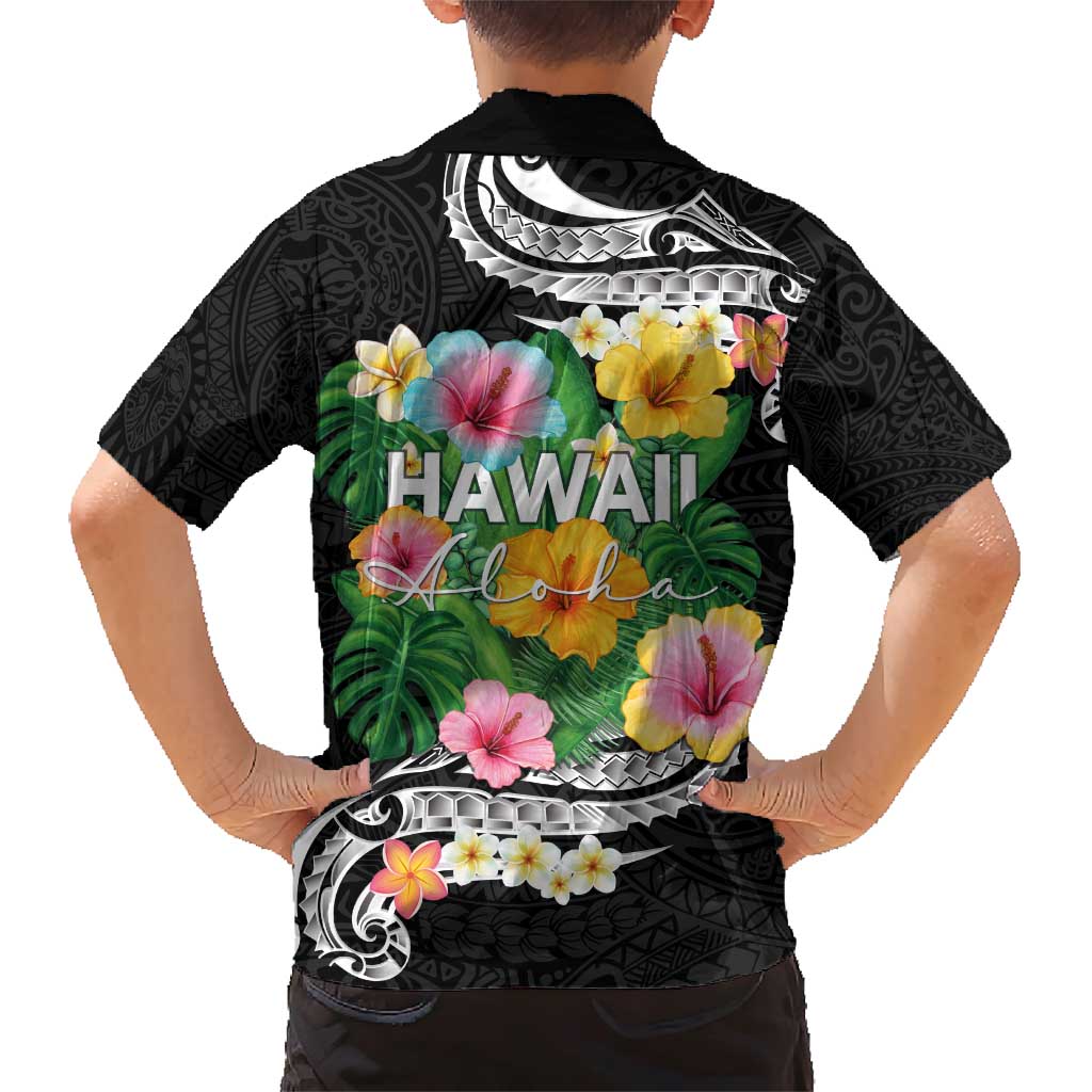 Hawaii Aloha Tropical Leaves and Flower Family Matching Short Sleeve Bodycon Dress and Hawaiian Shirt with Polynesian Art Tattoo Black Color - Polynesian Pride