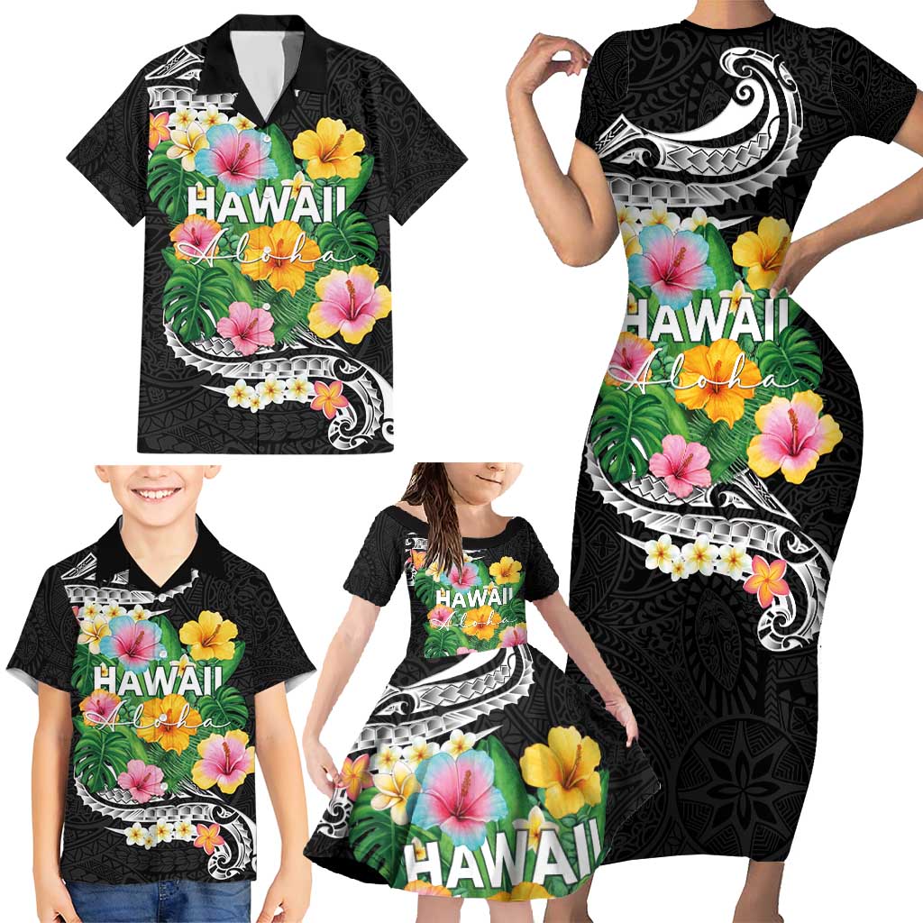 Hawaii Aloha Tropical Leaves and Flower Family Matching Short Sleeve Bodycon Dress and Hawaiian Shirt with Polynesian Art Tattoo Black Color - Polynesian Pride