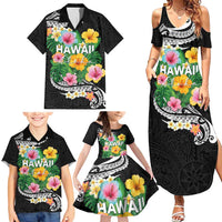 Hawaii Aloha Tropical Leaves and Flower Family Matching Summer Maxi Dress and Hawaiian Shirt with Polynesian Art Tattoo Black Color LT03 - Polynesian Pride