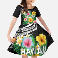 Hawaii Aloha Tropical Leaves and Flower Family Matching Tank Maxi Dress and Hawaiian Shirt with Polynesian Art Tattoo Black Color LT03 Daughter's Dress Black - Polynesian Pride