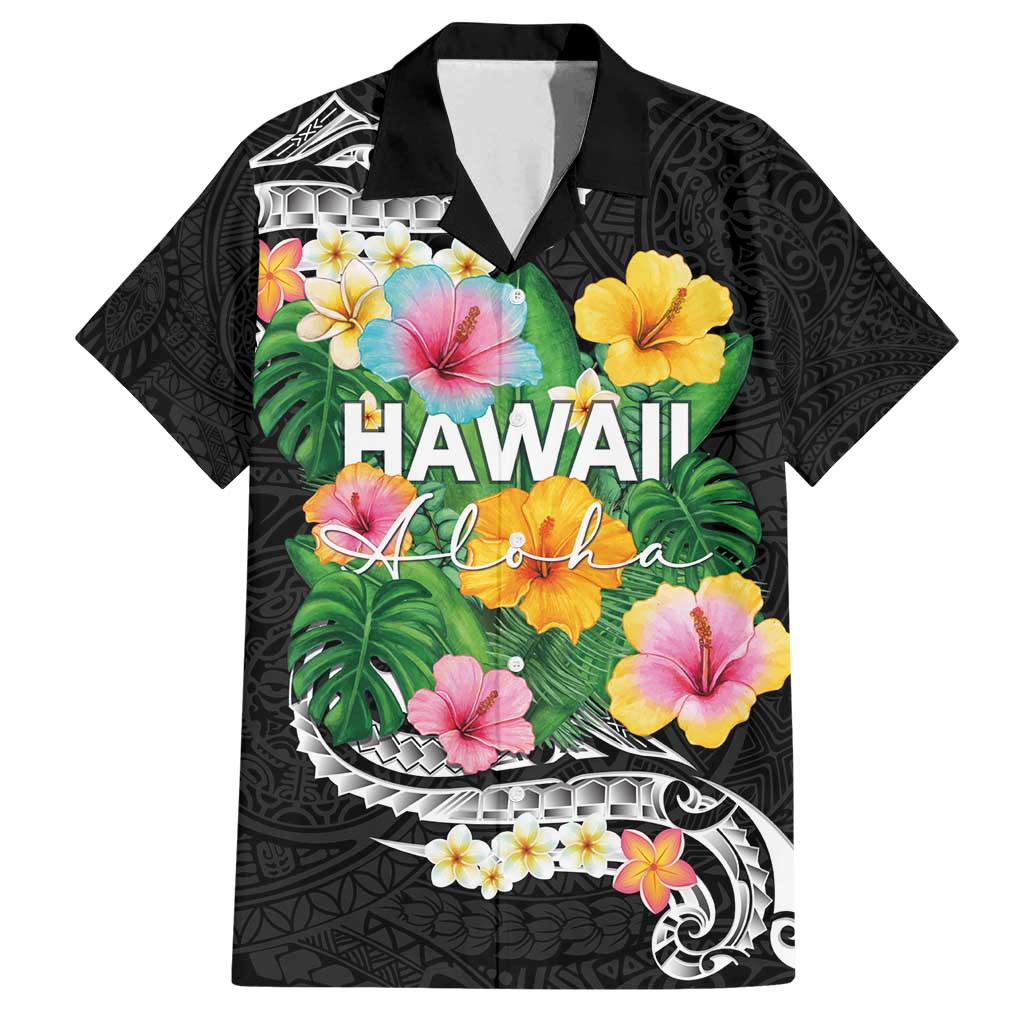 Hawaii Aloha Tropical Leaves and Flower Family Matching Tank Maxi Dress and Hawaiian Shirt with Polynesian Art Tattoo Black Color LT03 Dad's Shirt - Short Sleeve Black - Polynesian Pride