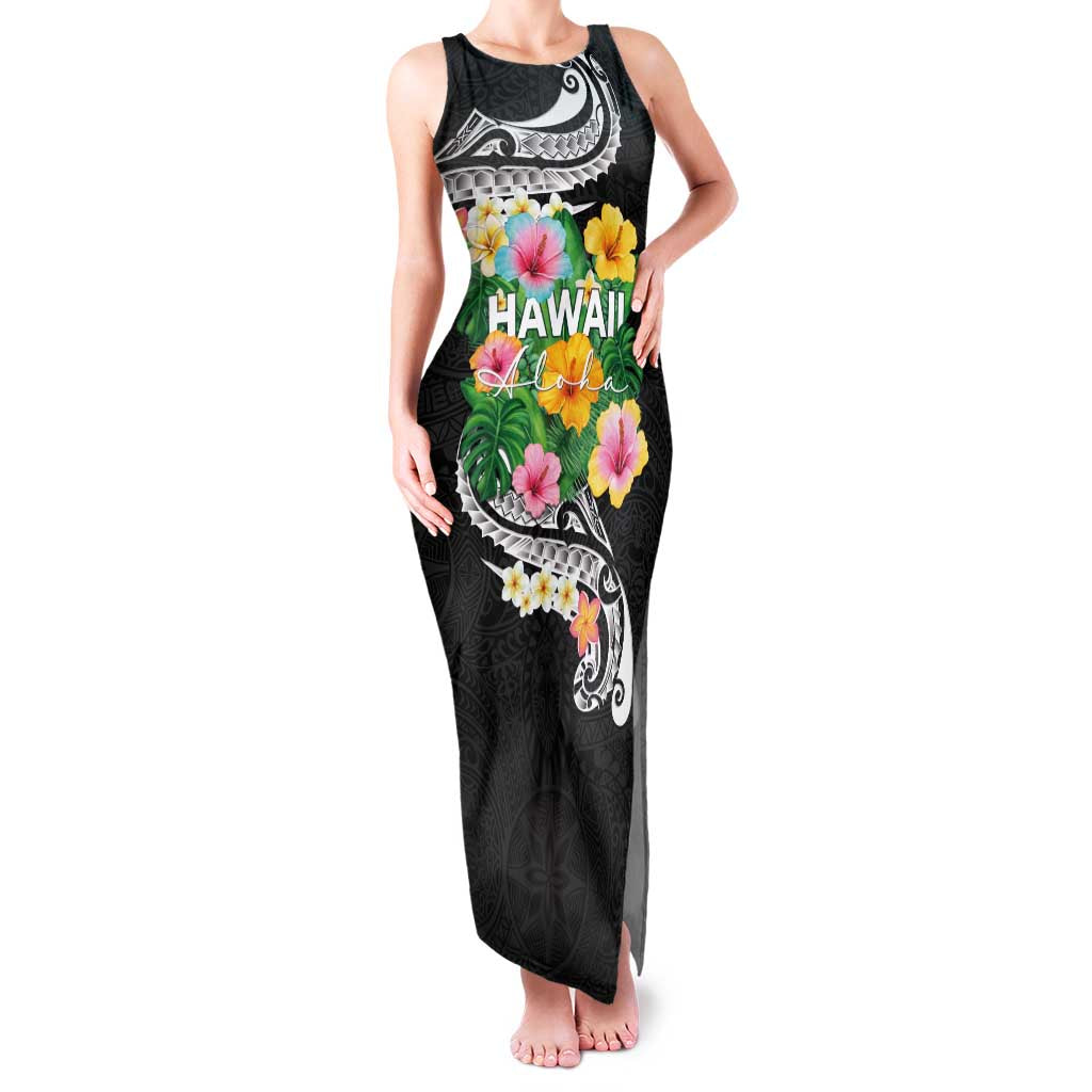Hawaii Aloha Tropical Leaves and Flower Family Matching Tank Maxi Dress and Hawaiian Shirt with Polynesian Art Tattoo Black Color LT03 Mom's Dress Black - Polynesian Pride