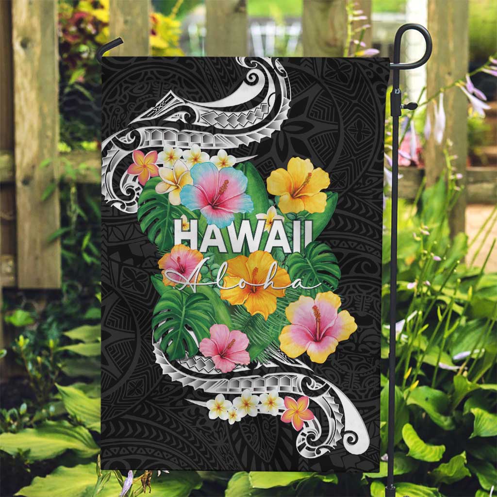 Hawaii Aloha Tropical Leaves and Flower Garden Flag with Polynesian Art Tattoo Black Color LT03 Garden Flag Black - Polynesian Pride