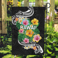 Hawaii Aloha Tropical Leaves and Flower Garden Flag with Polynesian Art Tattoo Black Color LT03 Garden Flag Black - Polynesian Pride
