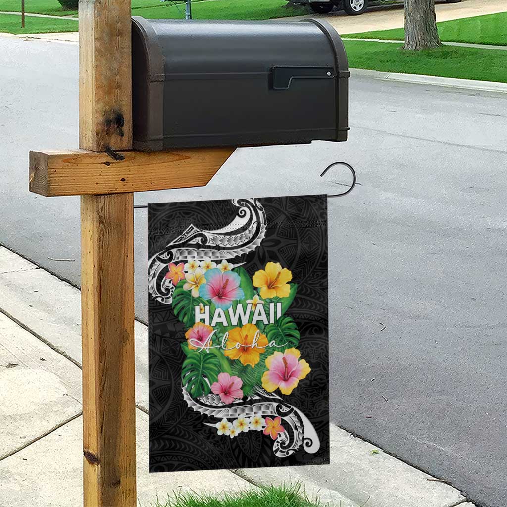 Hawaii Aloha Tropical Leaves and Flower Garden Flag with Polynesian Art Tattoo Black Color LT03 - Polynesian Pride
