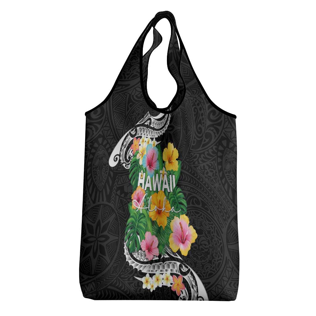 Hawaii Aloha Tropical Leaves and Flower Grocery Bag with Polynesian Art Tattoo Black Color LT03 - Polynesian Pride
