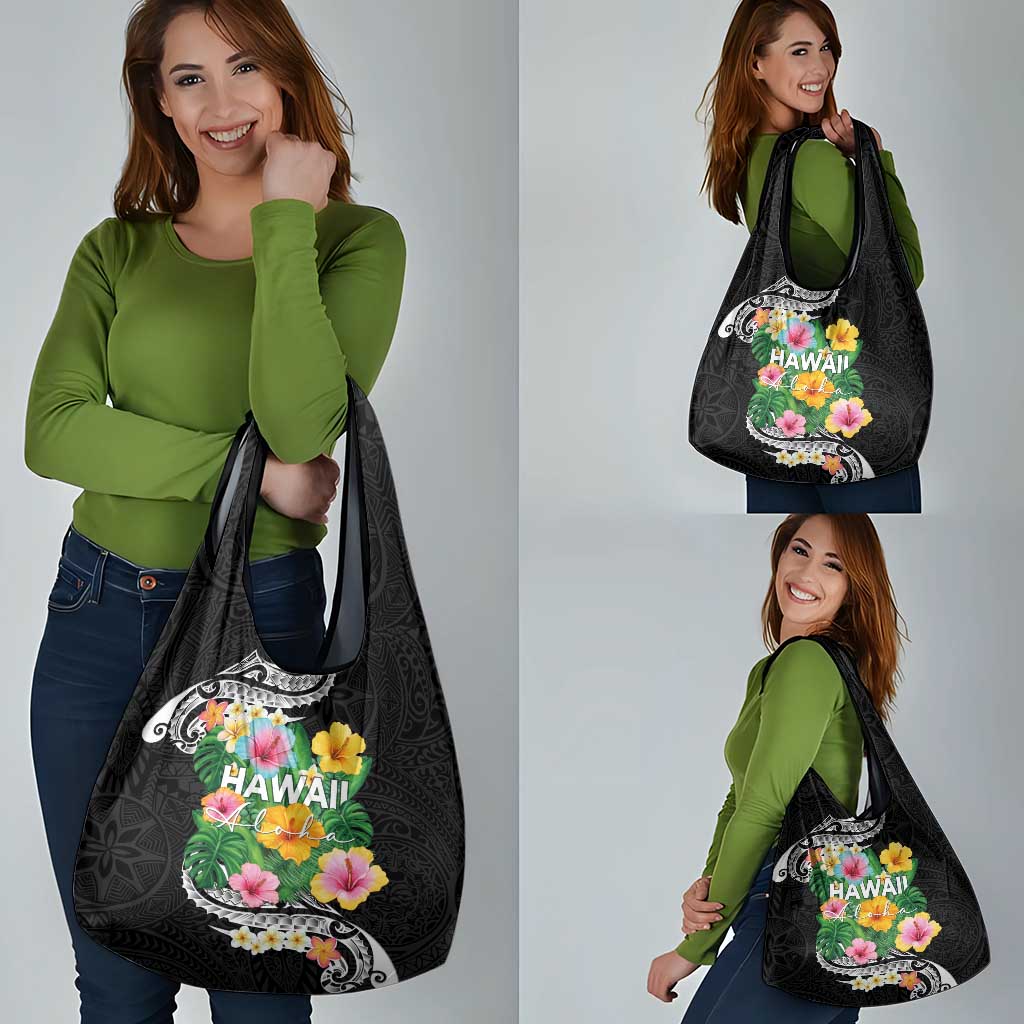 Hawaii Aloha Tropical Leaves and Flower Grocery Bag with Polynesian Art Tattoo Black Color LT03 - Polynesian Pride