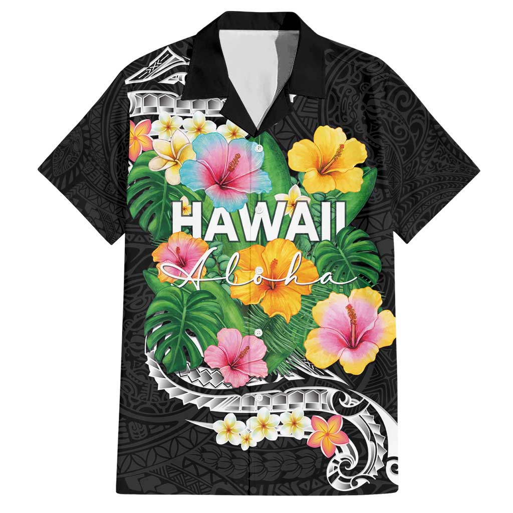 Hawaii Aloha Tropical Leaves and Flower Hawaiian Shirt with Polynesian Art Tattoo Black Color LT03 Black - Polynesian Pride