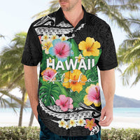 Hawaii Aloha Tropical Leaves and Flower Hawaiian Shirt with Polynesian Art Tattoo Black Color LT03 - Polynesian Pride