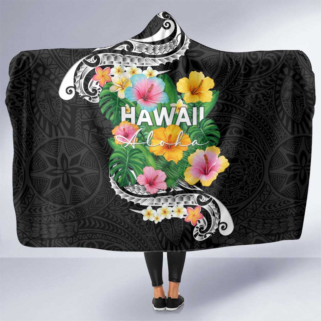 Hawaii Aloha Tropical Leaves and Flower Hooded Blanket with Polynesian Art Tattoo Black Color LT03 One Size Black - Polynesian Pride