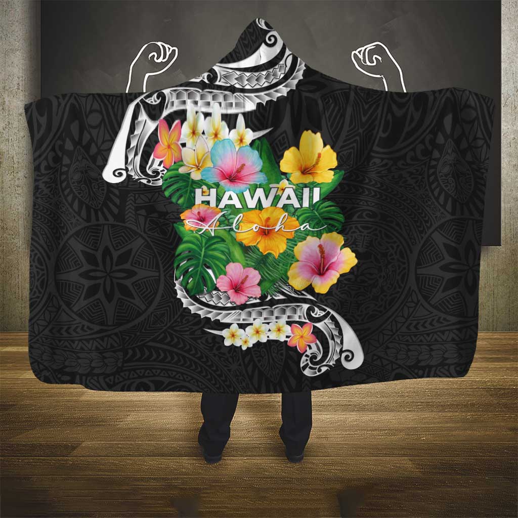 Hawaii Aloha Tropical Leaves and Flower Hooded Blanket with Polynesian Art Tattoo Black Color LT03 - Polynesian Pride