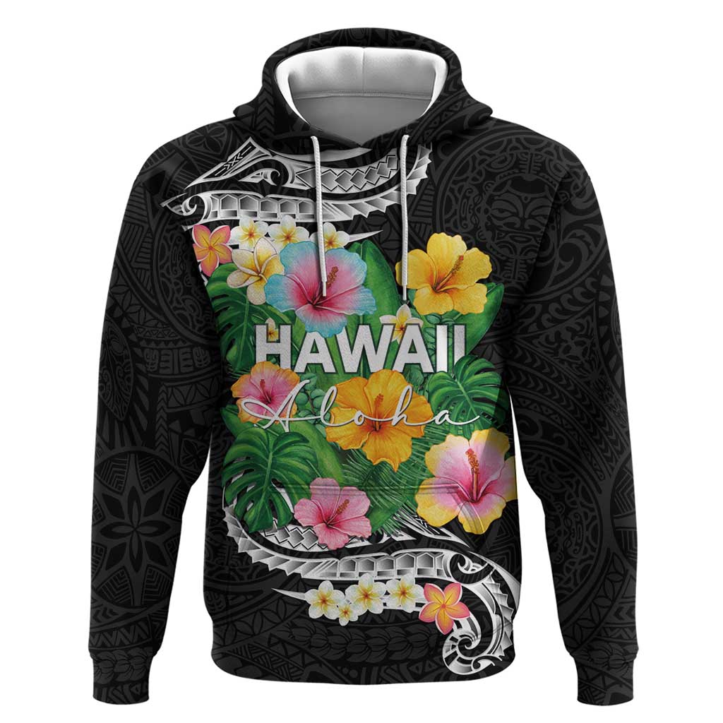 Hawaii Aloha Tropical Leaves and Flower Hoodie with Polynesian Art Tattoo Black Color LT03 Pullover Hoodie Black - Polynesian Pride
