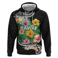 Hawaii Aloha Tropical Leaves and Flower Hoodie with Polynesian Art Tattoo Black Color LT03 Pullover Hoodie Black - Polynesian Pride