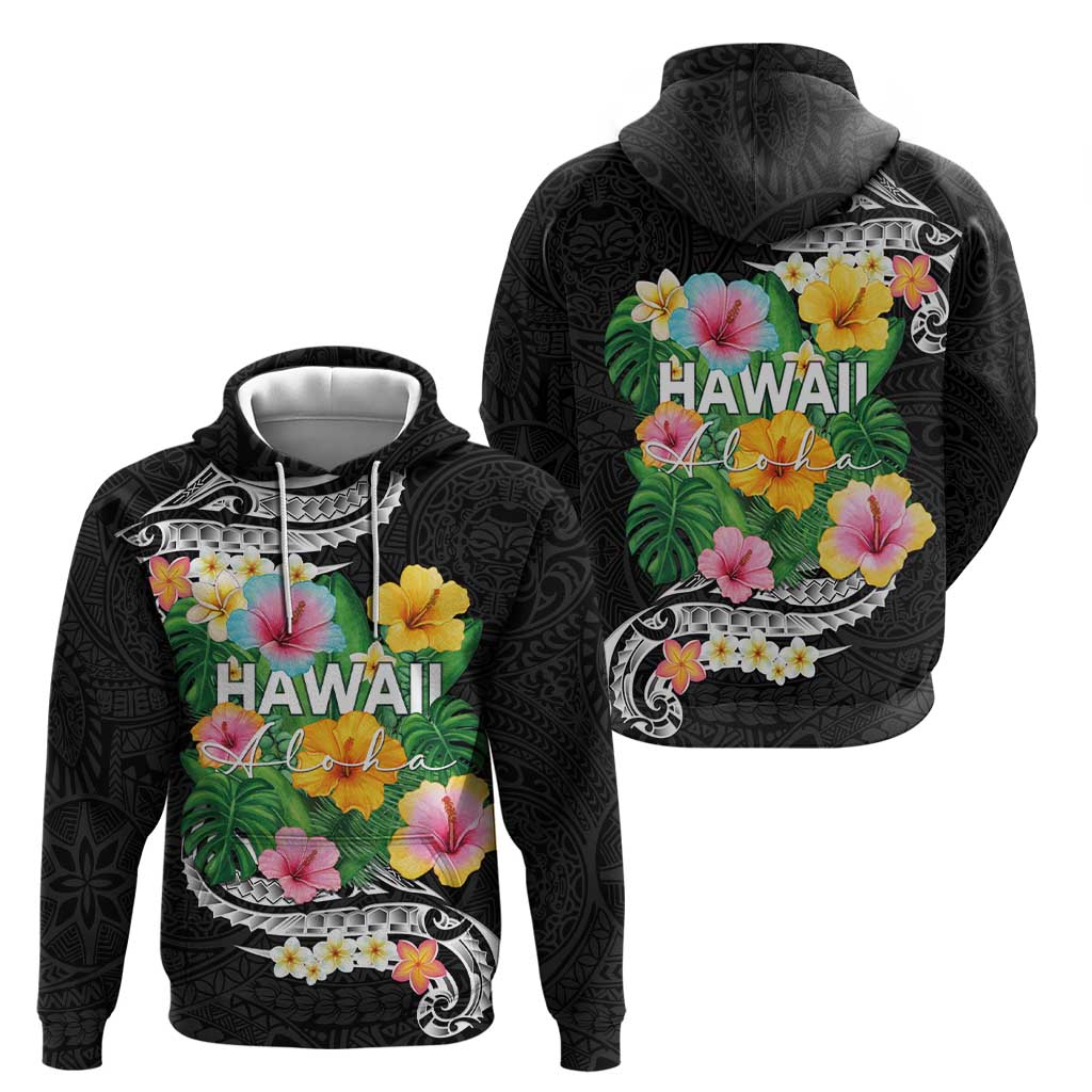 Hawaii Aloha Tropical Leaves and Flower Hoodie with Polynesian Art Tattoo Black Color LT03 - Polynesian Pride