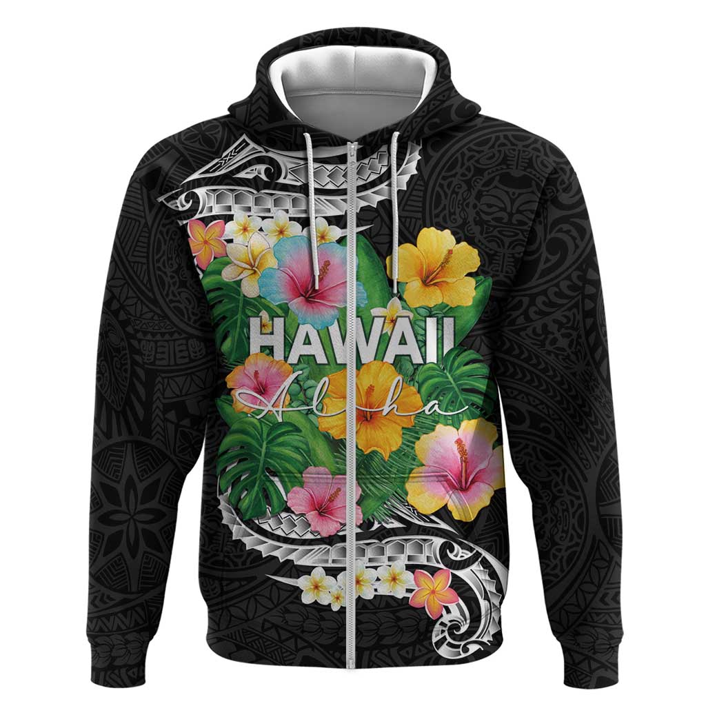 Hawaii Aloha Tropical Leaves and Flower Hoodie with Polynesian Art Tattoo Black Color LT03 Zip Hoodie Black - Polynesian Pride