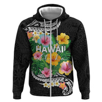 Hawaii Aloha Tropical Leaves and Flower Hoodie with Polynesian Art Tattoo Black Color LT03 Zip Hoodie Black - Polynesian Pride