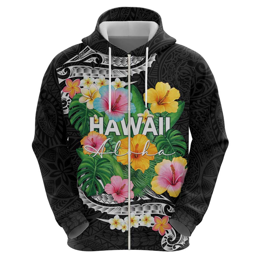 Hawaii Aloha Tropical Leaves and Flower Hoodie with Polynesian Art Tattoo Black Color LT03 - Polynesian Pride