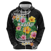 Hawaii Aloha Tropical Leaves and Flower Hoodie with Polynesian Art Tattoo Black Color LT03 - Polynesian Pride