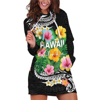 Hawaii Aloha Tropical Leaves and Flower Hoodie Dress with Polynesian Art Tattoo Black Color LT03 Black - Polynesian Pride