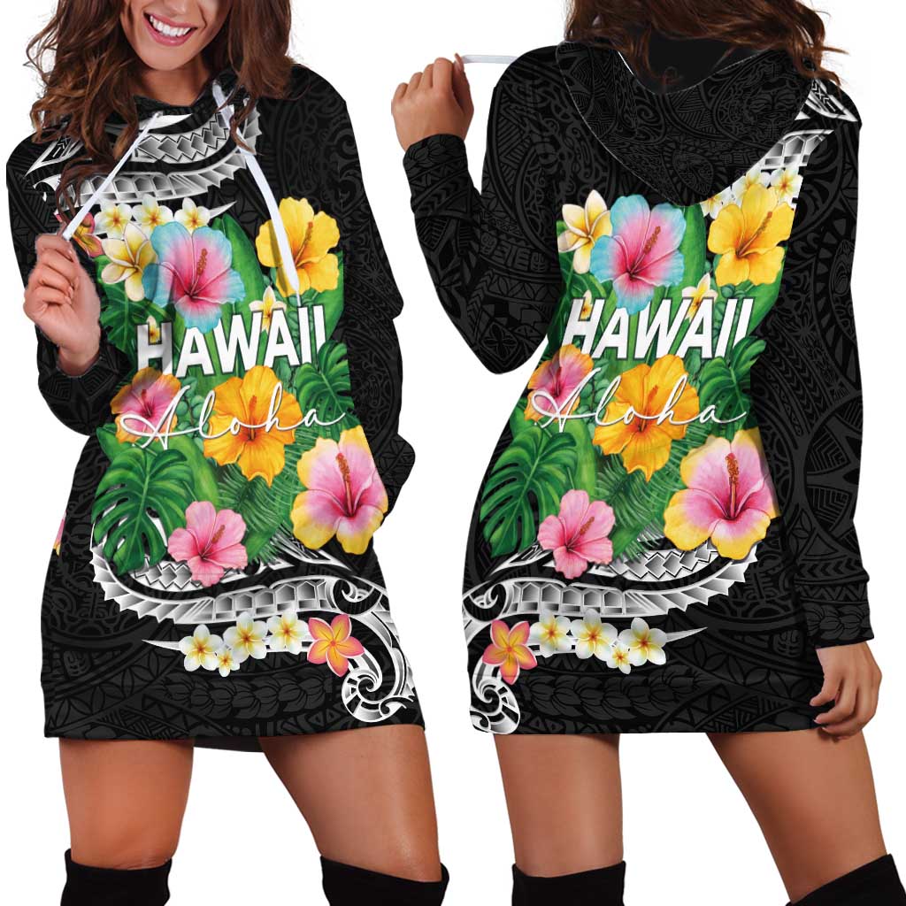 Hawaii Aloha Tropical Leaves and Flower Hoodie Dress with Polynesian Art Tattoo Black Color LT03 - Polynesian Pride