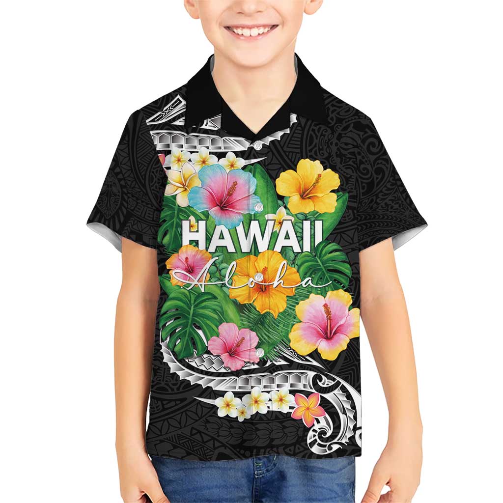 Hawaii Aloha Tropical Leaves and Flower Kid Hawaiian Shirt with Polynesian Art Tattoo Black Color LT03 Kid Black - Polynesian Pride
