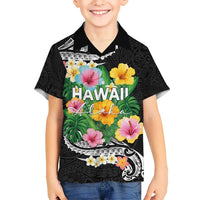 Hawaii Aloha Tropical Leaves and Flower Kid Hawaiian Shirt with Polynesian Art Tattoo Black Color LT03 Kid Black - Polynesian Pride