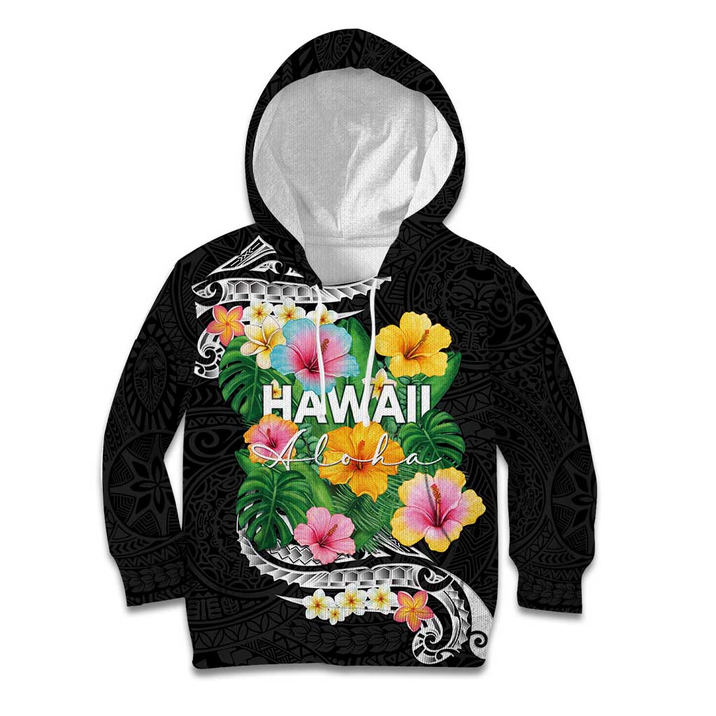 Hawaii Aloha Tropical Leaves and Flower Kid Hoodie with Polynesian Art Tattoo Black Color LT03 Hoodie Black - Polynesian Pride