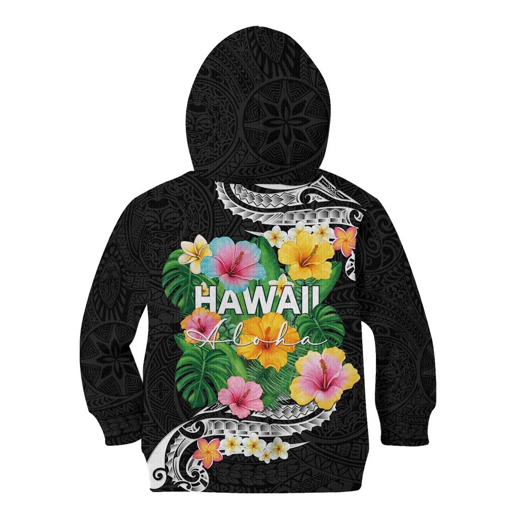 Hawaii Aloha Tropical Leaves and Flower Kid Hoodie with Polynesian Art Tattoo Black Color LT03 - Polynesian Pride
