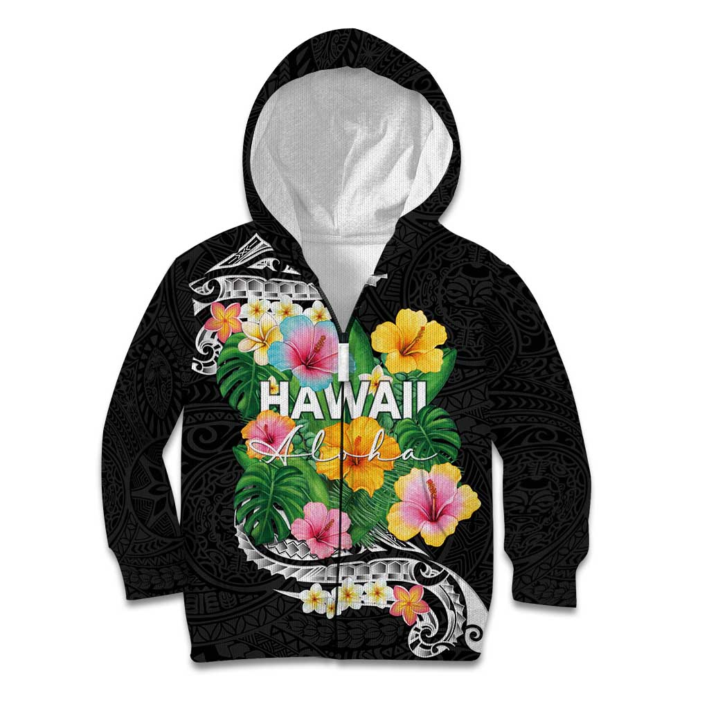 Hawaii Aloha Tropical Leaves and Flower Kid Hoodie with Polynesian Art Tattoo Black Color LT03 Zip Hoodie Black - Polynesian Pride