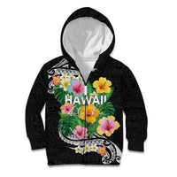 Hawaii Aloha Tropical Leaves and Flower Kid Hoodie with Polynesian Art Tattoo Black Color LT03 Zip Hoodie Black - Polynesian Pride