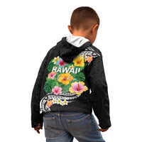 Hawaii Aloha Tropical Leaves and Flower Kid Hoodie with Polynesian Art Tattoo Black Color LT03 - Polynesian Pride