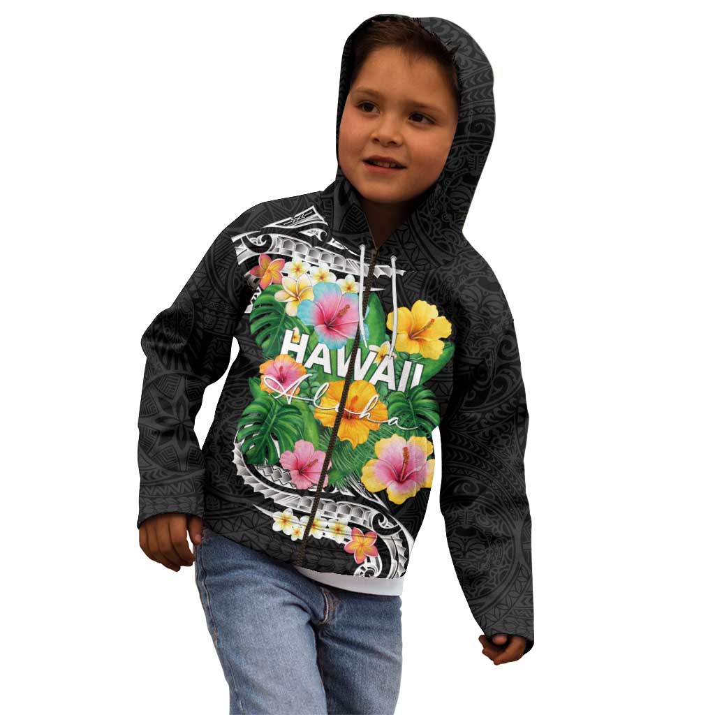 Hawaii Aloha Tropical Leaves and Flower Kid Hoodie with Polynesian Art Tattoo Black Color LT03 - Polynesian Pride