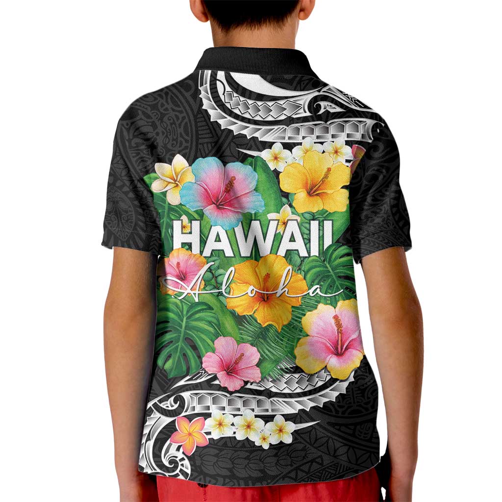 Hawaii Aloha Tropical Leaves and Flower Kid Polo Shirt with Polynesian Art Tattoo Black Color LT03 - Polynesian Pride