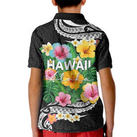 Hawaii Aloha Tropical Leaves and Flower Kid Polo Shirt with Polynesian Art Tattoo Black Color LT03 - Polynesian Pride