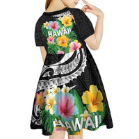 Hawaii Aloha Tropical Leaves and Flower Kid Short Sleeve Dress with Polynesian Art Tattoo Black Color LT03 - Polynesian Pride