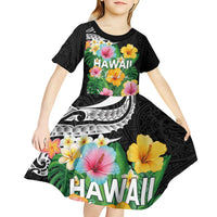 Hawaii Aloha Tropical Leaves and Flower Kid Short Sleeve Dress with Polynesian Art Tattoo Black Color LT03 - Polynesian Pride