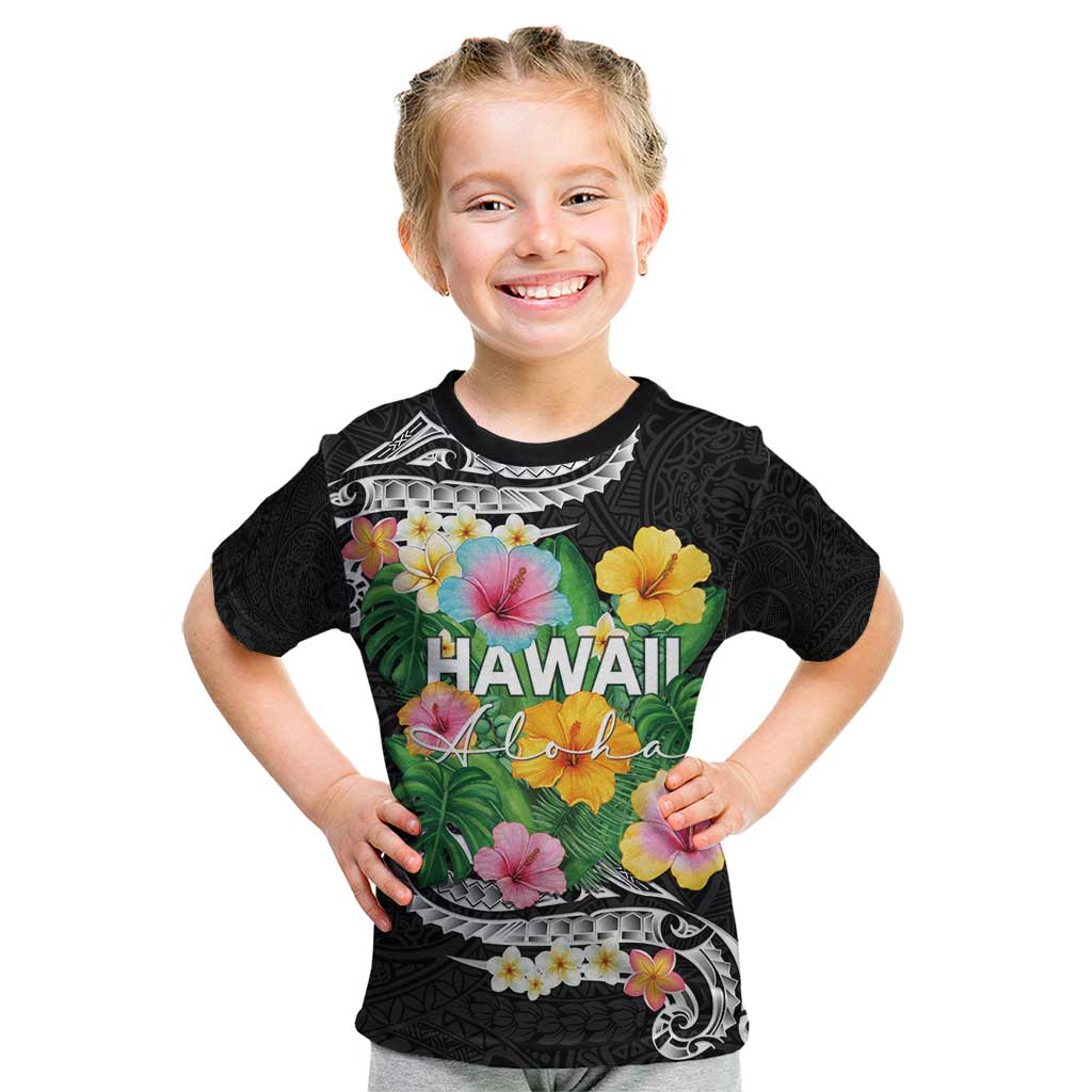 Hawaii Aloha Tropical Leaves and Flower Kid T Shirt with Polynesian Art Tattoo Black Color LT03 Black - Polynesian Pride