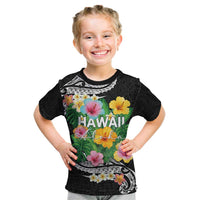 Hawaii Aloha Tropical Leaves and Flower Kid T Shirt with Polynesian Art Tattoo Black Color LT03 Black - Polynesian Pride