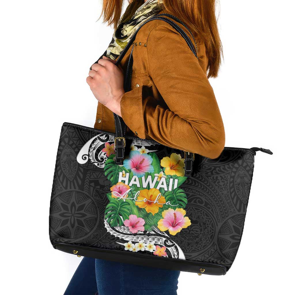 Hawaii Aloha Tropical Leaves and Flower Leather Tote Bag with Polynesian Art Tattoo Black Color LT03 Black - Polynesian Pride