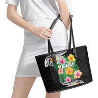 Hawaii Aloha Tropical Leaves and Flower Leather Tote Bag with Polynesian Art Tattoo Black Color LT03 - Polynesian Pride