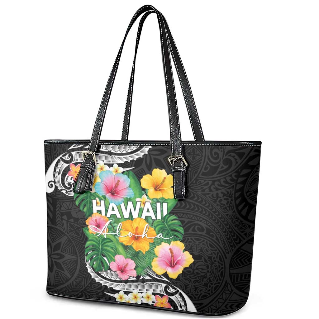 Hawaii Aloha Tropical Leaves and Flower Leather Tote Bag with Polynesian Art Tattoo Black Color LT03 - Polynesian Pride