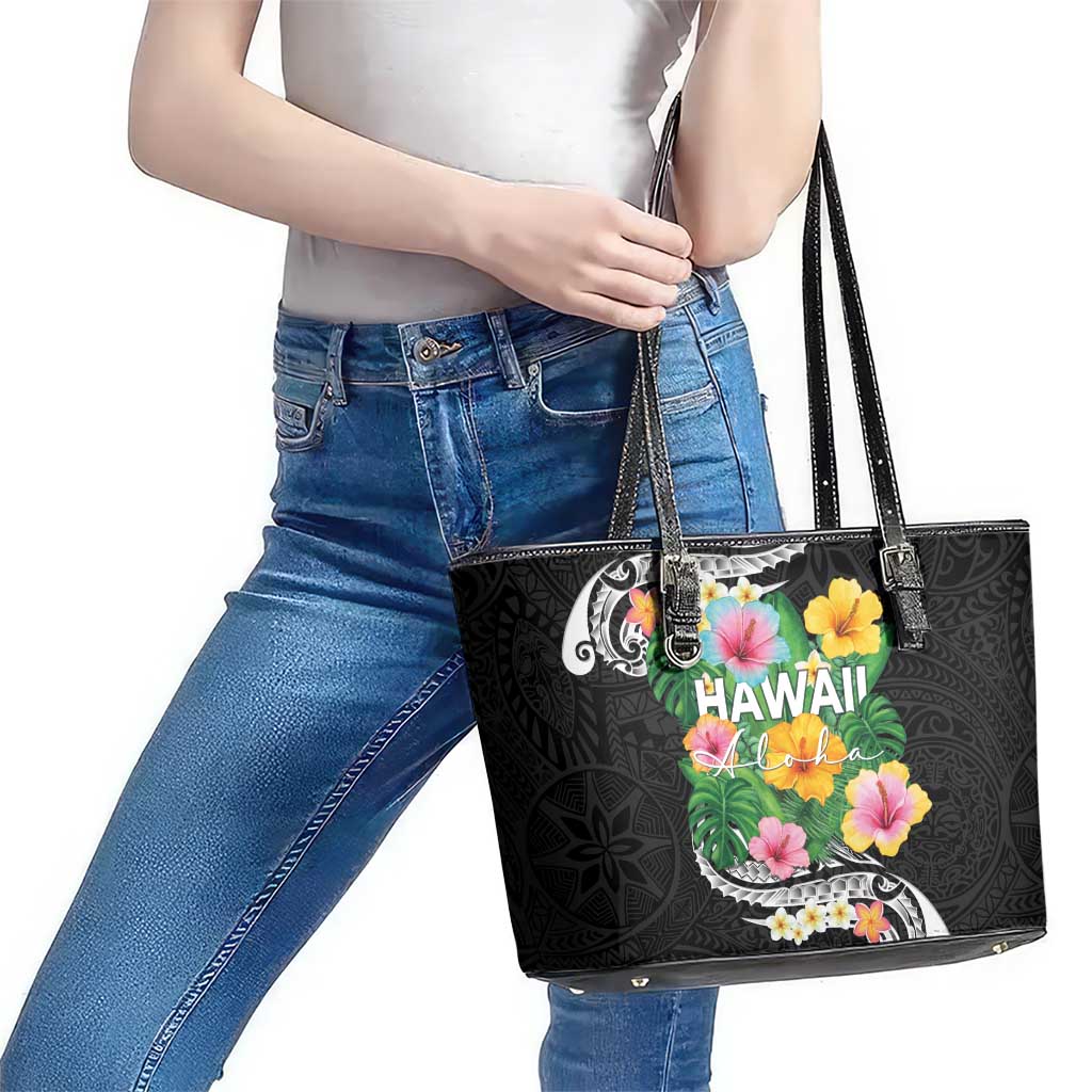 Hawaii Aloha Tropical Leaves and Flower Leather Tote Bag with Polynesian Art Tattoo Black Color LT03 - Polynesian Pride
