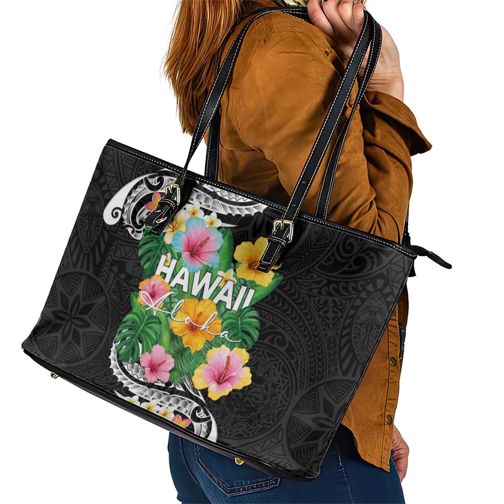 Hawaii Aloha Tropical Leaves and Flower Leather Tote Bag with Polynesian Art Tattoo Black Color LT03 - Polynesian Pride