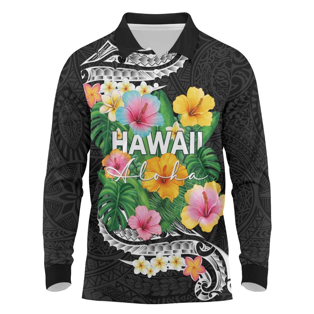 Hawaii Aloha Tropical Leaves and Flower Long Sleeve Polo Shirt with Polynesian Art Tattoo Black Color LT03 Black - Polynesian Pride