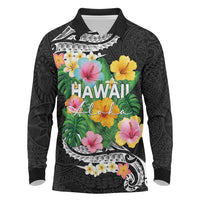 Hawaii Aloha Tropical Leaves and Flower Long Sleeve Polo Shirt with Polynesian Art Tattoo Black Color LT03 Black - Polynesian Pride