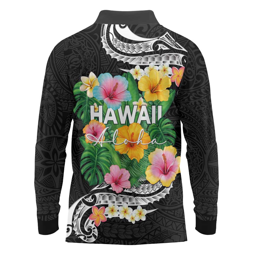 Hawaii Aloha Tropical Leaves and Flower Long Sleeve Polo Shirt with Polynesian Art Tattoo Black Color LT03 - Polynesian Pride