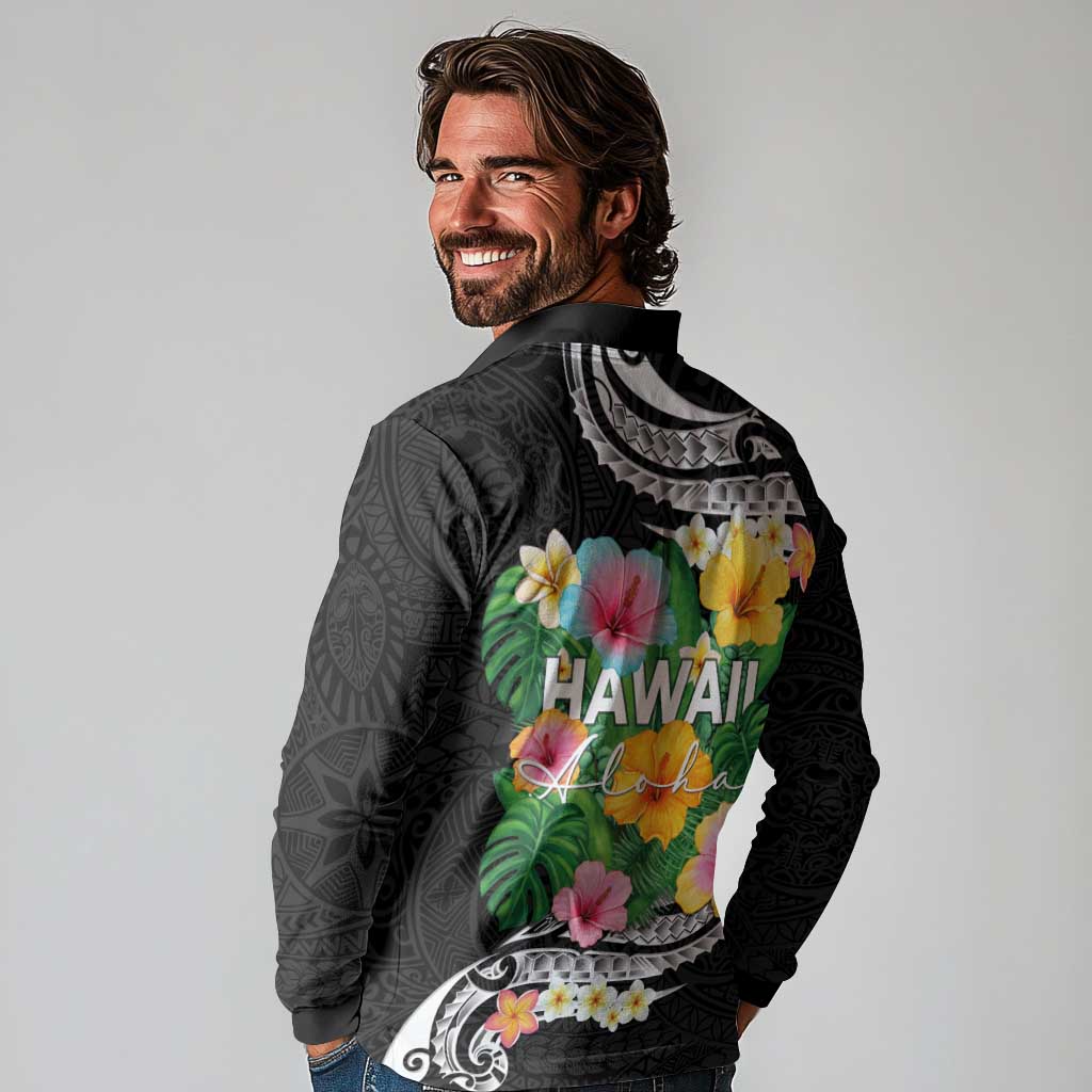 Hawaii Aloha Tropical Leaves and Flower Long Sleeve Polo Shirt with Polynesian Art Tattoo Black Color LT03 - Polynesian Pride